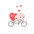 Cartoon Illustration of the Heart and Brain ride Bicycle. Heart and Brain fall in love. Happy Valentines Day Lettering.