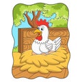 Cartoon illustration a hen that is incubating her eggs that are ready to hatch