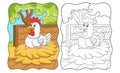 Cartoon illustration a hen that is incubating her eggs that are ready to hatch in her cage book or page