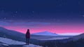 a cartoon illustration of a hiking woman at the top of a mountain watching the beautiful sunset in winter, ai generated image Royalty Free Stock Photo