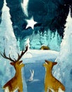 Cartoon illustration of holy family josef mary deers