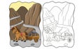 Cartoon illustration a horse carrying a cart filled with stones through the road near the ravine book