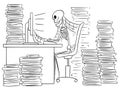 Cartoon Illustration of Human Skeleton of Dead Businessman Sitting in Front of Computer in Office Full of Files