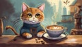 Cartoon illustration humanized cat character and coffee cup. Funny cat and morning hot beverage