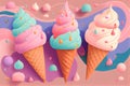 Cartoon illustration of ice cream. Greeting cartoon card. Triptych