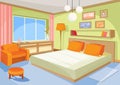 Cartoon Illustration Interior Orange-blue Bedroom, A Living Room With A Bed, Soft Chair