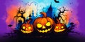 cartoon illustration of Jack o lantern pumpkins in abstract background