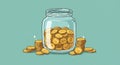 cartoon illustration of a jar overflowing with gold coins on teal background - generated using ai Royalty Free Stock Photo