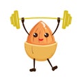 Cartoon illustration of kawaii almond with barbell. Nut weightlifter performs exercise