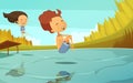 Cartoon Illustration With Kids Jumping Into Lake Royalty Free Stock Photo