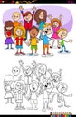 Kids and teens characters group coloring book Royalty Free Stock Photo