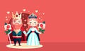Cartoon Illustration Of King And Queen Holding Hands Together With Bouquet, Hearts On Red Background. Valentine`s Day
