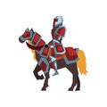 Cartoon icon of knight on horseback. Royal horse rider in red steel armor. Flat vector design for postcard, mobile or