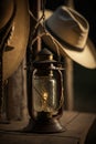 cartoon illustration, of a lantern and rope hanging in the cowboy camp, ai generative Royalty Free Stock Photo