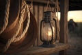 cartoon illustration, of a lantern and rope hanging in the cowboy camp, ai generative Royalty Free Stock Photo