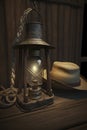 cartoon illustration, of a lantern and rope hanging in the cowboy camp, ai generative Royalty Free Stock Photo