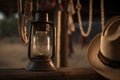 cartoon illustration, of a lantern and rope hanging in the cowboy camp, ai generative Royalty Free Stock Photo