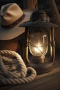 cartoon illustration, of a lantern and rope hanging in the cowboy camp, ai generative Royalty Free Stock Photo