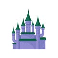Large purple castle. Royal palace with high towers and green conical roofs. Flat vector element for mobile game