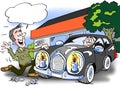 Cartoon illustration of A luxury car there has been fitted with new-saving headlight bulbs