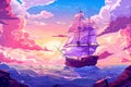 Cartoon illustration of a majestic sailing ship at sunset, with purple and orange hues creating a dreamy seascape Royalty Free Stock Photo