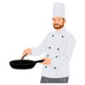 A cartoon illustration of a male chef wearing a white uniform frying food in a pan