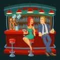 Cartoon illustration of man meets a woman in bar Royalty Free Stock Photo