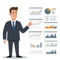 A cartoon illustration of a man in a suit and tie standing and pointing at various charts