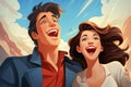 cartoon illustration of Man and woman characters laugh hysterically in flat cartoon style