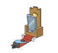 Cartoon illustration of a man worshiping a gadget on a throne. Gadget addiction, social media dependency concept. Flat