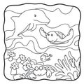 Cartoon illustration marine life of dolphins, turtles, crabs and sea fish book or page for kids Royalty Free Stock Photo