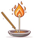 Cartoon illustration of a match burning, with another match being lit in a bowl Royalty Free Stock Photo