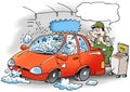 Cartoon illustration of a mechanic that tests the air conditioner in the car