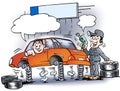 Cartoon illustration of a mechanic who testing the shock absorbers