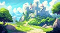 Cartoon illustration of medieval castle in green mountain valley, with stone towers, gates, and windows in summer Royalty Free Stock Photo