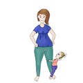 Cartoon illustration of mom with little daughter. Strong smiling woman wearing breastfeeding T-shirt with young girl