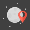 Cartoon illustration of the moon with geolocation icon. Simple flat image of the geotag on the moon, navigating the