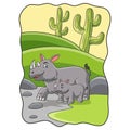 Cartoon illustration mother rhino with her cubs walking Royalty Free Stock Photo