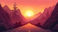A cartoon illustration of a mountain sunset from the highway. Icons of rocks, pine trees, and a valley road with the sun Royalty Free Stock Photo