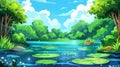 Cartoon illustration of muddy water in a river with shining surface on a green swamp or lake modern background