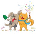 Cartoon Illustration for new year and Christmas cartoon funny cat and dog hugging , isolated on white background