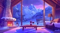 Cartoon illustration of a night chalet interior with fireplace. Winter cabin living room with mountain view window and Royalty Free Stock Photo