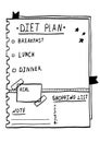 Cartoon illustration of nutrition plan. Hand drawn diet plan in doodle style for breakfast, lunch and dinner. Healthy meal concept