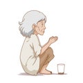 Old beggar woman sitting on ground.