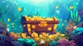 Cartoon illustration of old pirate treasure chest on sea bottom with coins, seaweed, pearl shell, coral reef, air