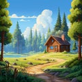 Cartoon Log Cabin In Painterly Forest Landscape Royalty Free Stock Photo