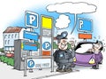 Cartoon illustration of a parking warden guard