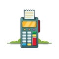 Cartoon illustration of a payment terminal with a receipt on a grass Royalty Free Stock Photo