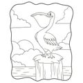 Cartoon illustration pelicans perched on tree trunks near the river book or page for kids