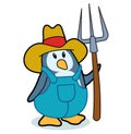 Cartoon penguin dressed as a farmer